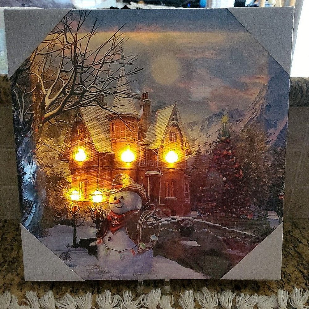 Winter Scene Canvas Picture ~ Lighted House with Snowman ~ Winter Holiday